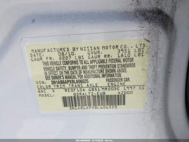 Auction sale of the 2011 Nissan Sentra 2.0s, vin: 3N1AB6APXBL606525, lot number: 45608849