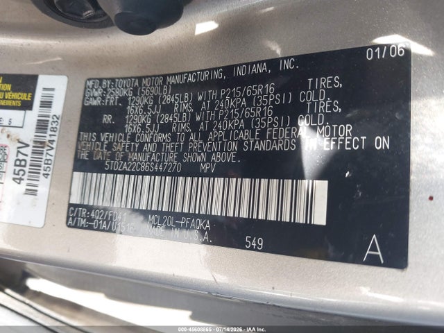 2006 Toyota Sienna Xle მანქანა იყიდება აუქციონზე, vin: 5TDZA22C86S447270, აუქციონის ნომერი: 45608865