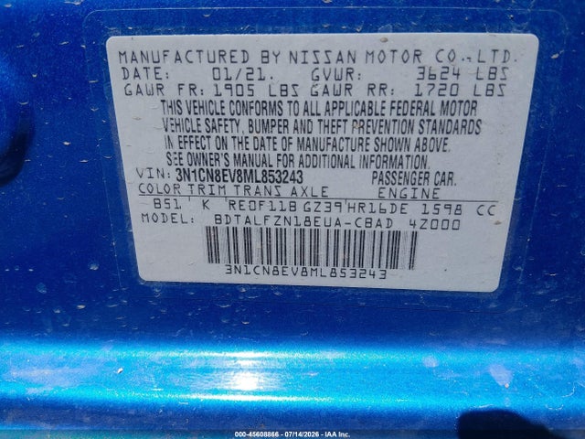 Aukcja sprzedaży 2021 Nissan Versa Sv Xtronic Cvt, vin: 3N1CN8EV8ML853243, numer aukcji: 45608866