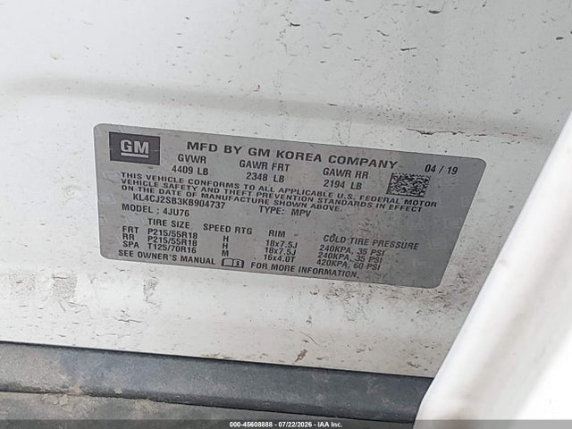 Продажа на аукционе авто 2019 Buick Encore Awd Sport Touring, vin: KL4CJ2SB3KB904737, номер лота: 45608888