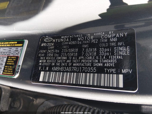 Aukcja sprzedaży 2024 Hyundai Kona Sel, vin: KM8HB3AB7RU170355, numer aukcji: 45608901