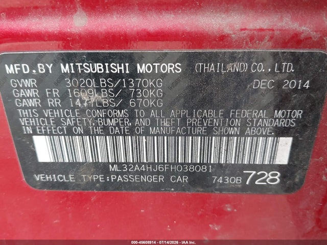 2015 Mitsubishi Mirage Es მანქანა იყიდება აუქციონზე, vin: ML32A4HJ6FH038081, აუქციონის ნომერი: 45608914