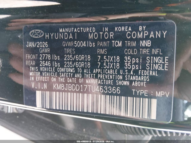 45608919 :رقم المزاد ، KM8JBDD17TU463366 vin ، 2026 Hyundai Tucson Hybrid Sel مزاد بيع