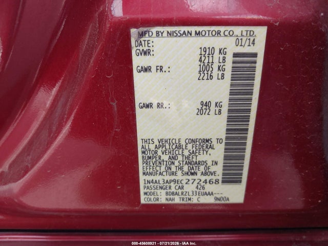 1N4AL3AP9EC272468 Nissan Altima 2.5/2.5 S/2.5 Sl/2.5 Sv