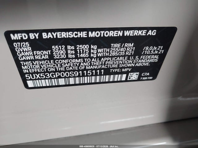 2025 Bmw X3 30 Xdrive მანქანა იყიდება აუქციონზე, vin: 5UX53GP00S9115111, აუქციონის ნომერი: 45608925
