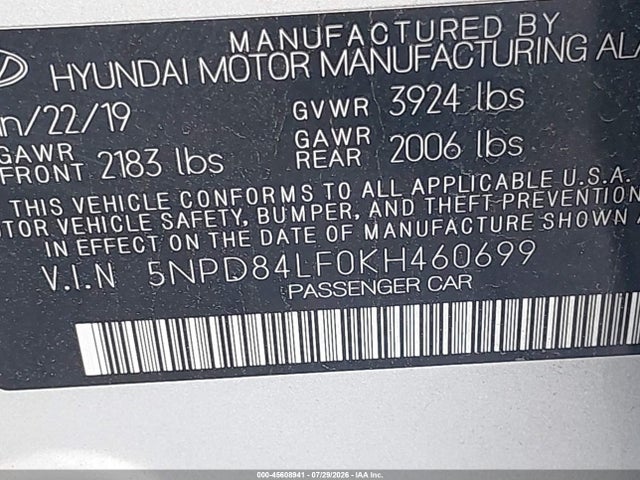 Продаж на аукціоні авто 2019 Hyundai Elantra Sel, vin: 5NPD84LF0KH460699, номер лоту: 45608941