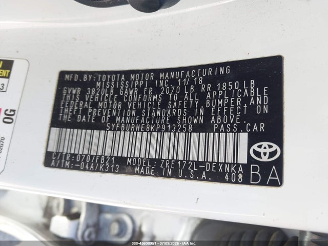 5YFBURHE8KP913258 Toyota COROLLA LE