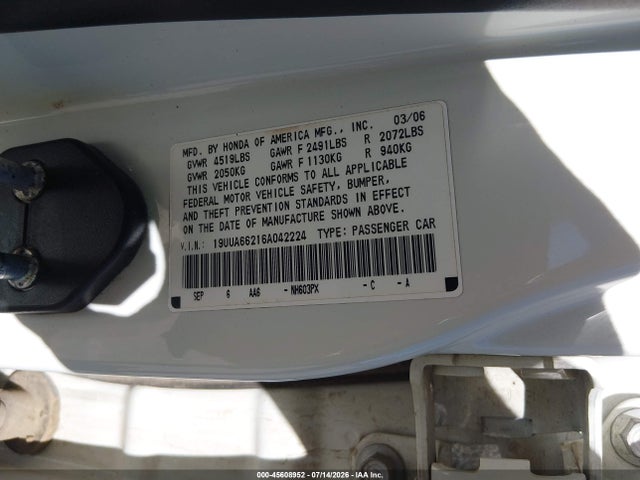 Aukcja sprzedaży 2006 Acura Tl, vin: 19UUA66216A042224, numer aukcji: 45608952