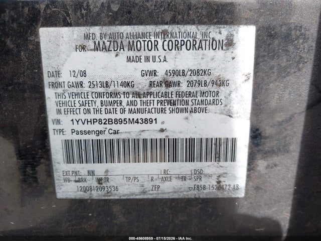 Aukcja sprzedaży 2009 Mazda Mazda6 S Touring, vin: 1YVHP82B895M43891, numer aukcji: 45608959