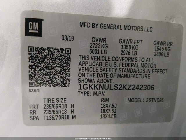 Продаж на аукціоні авто 2019 Gmc Acadia Slt-1, vin: 1GKKNULS2KZ242306, номер лоту: 45608963