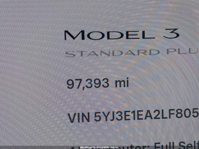45608979 :رقم المزاد ، 5YJ3E1EA2LF805638 vin ، 2020 Tesla Model 3 Standard Range Plus Rear-wheel Drive/standard Range Rear-wheel Drive مزاد بيع