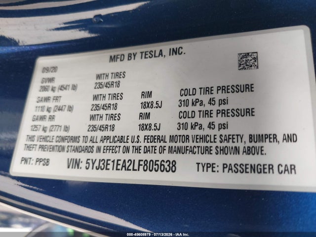 45608979 :رقم المزاد ، 5YJ3E1EA2LF805638 vin ، 2020 Tesla Model 3 Standard Range Plus Rear-wheel Drive/standard Range Rear-wheel Drive مزاد بيع
