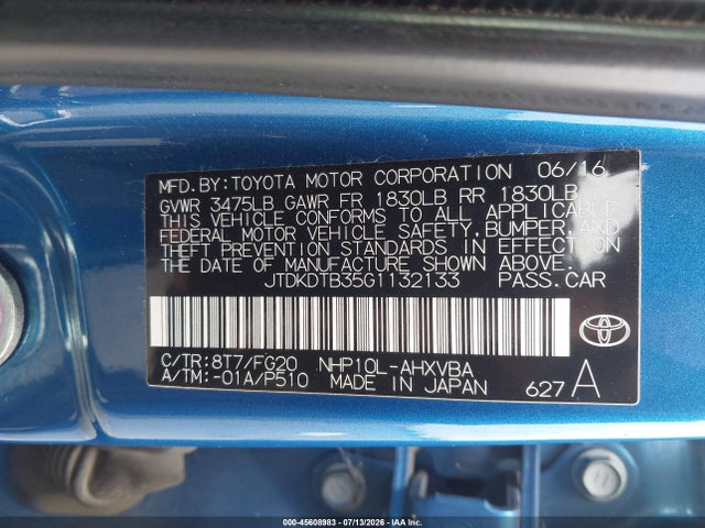 JTDKDTB35G1132133 Toyota Prius C Two