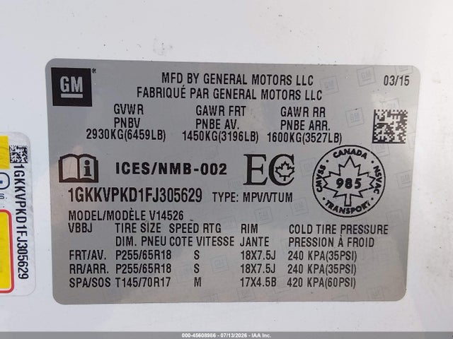 GMC Acadia Sle-2 2015 1GKKVPKD1FJ305629 Image 9