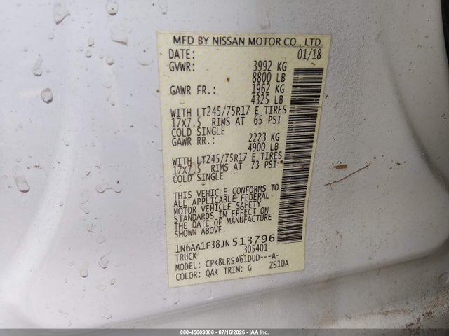 45609000 :رقم المزاد ، 1N6AA1F38JN513796 vin ، 2018 Nissan Titan Xd S Gas مزاد بيع