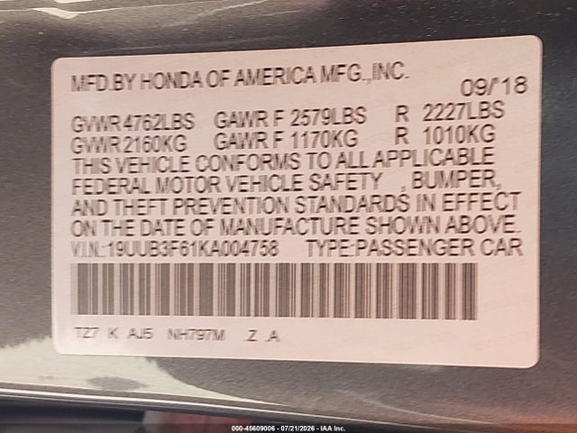 45609006 :رقم المزاد ، 19UUB3F61KA004758 vin ، 2019 Acura Tlx Tech   A-spec Pkgs مزاد بيع