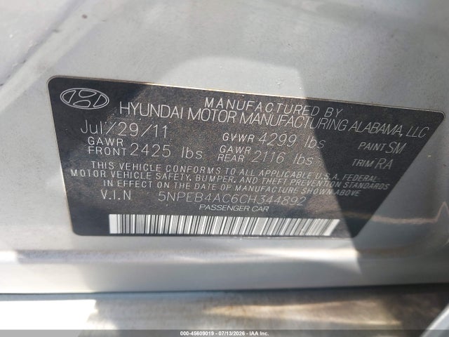 45609019 :رقم المزاد ، 5NPEB4AC6CH344892 vin ، 2012 Hyundai Sonata Gls مزاد بيع