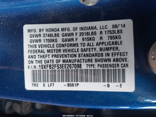 Honda Civic Lx 2014 19XFB2F53EE267098 Image 9