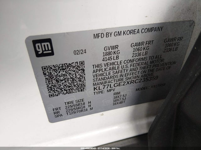 Aukcja sprzedaży 2024 Chevrolet Trax Fwd 1rs, vin: KL77LGE2XRC235359, numer aukcji: 45609049