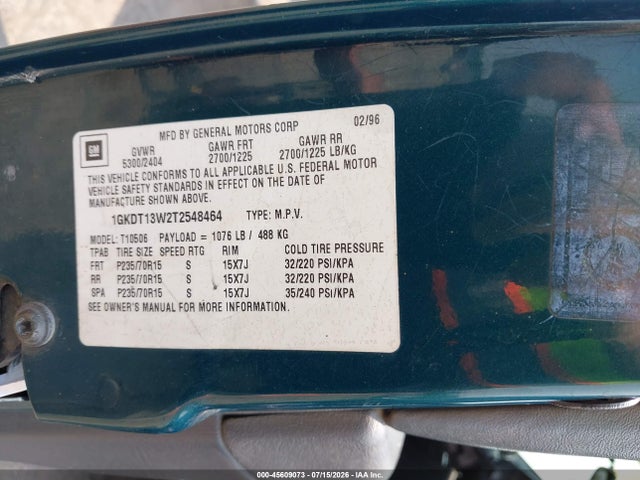 45609073 :رقم المزاد ، 1GKDT13W2T2548464 vin ، 1996 Gmc Jimmy مزاد بيع