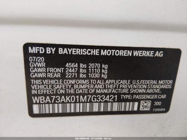 45609106 :رقم المزاد ، WBA73AK01M7G33421 vin ، 2021 Bmw 228i Gran Coupe Xdrive مزاد بيع