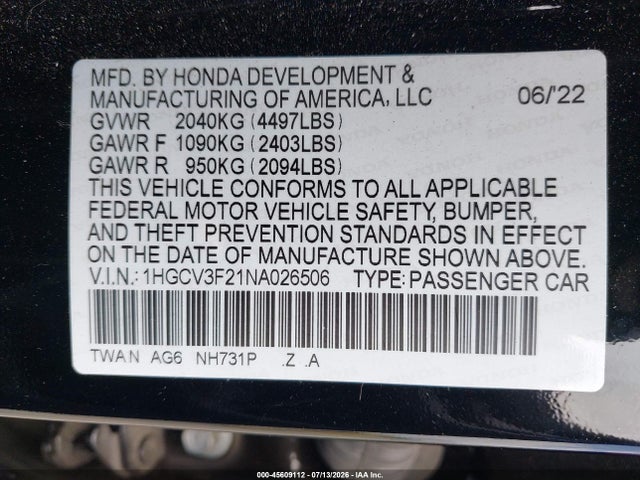 1HGCV3F21NA026506 Honda Accord Hybrid Sport