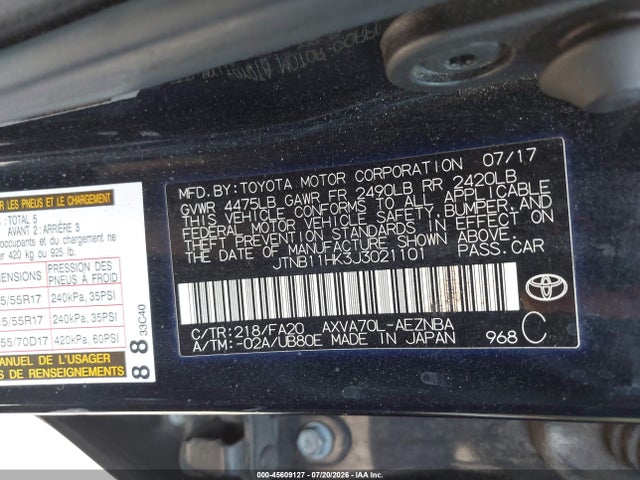 2018 Toyota Camry Le მანქანა იყიდება აუქციონზე, vin: JTNB11HK3J3021101, აუქციონის ნომერი: 45609127