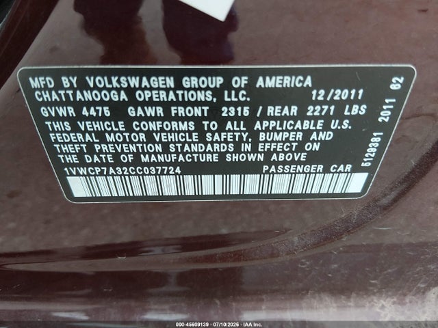 2012 Volkswagen Passat 2.5l Sel მანქანა იყიდება აუქციონზე, vin: 1VWCP7A32CC037724, აუქციონის ნომერი: 45609139