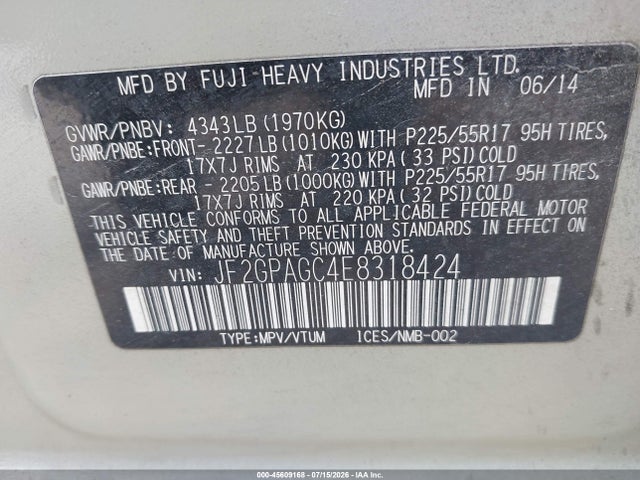 45609168 :رقم المزاد ، JF2GPAGC4E8318424 vin ، 2014 Subaru Xv Crosstrek 2.0i Limited مزاد بيع