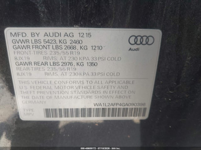 45609172 :رقم المزاد ، WA1L2AFP4GA090396 vin ، 2016 Audi Q5 2.0t Premium مزاد بيع