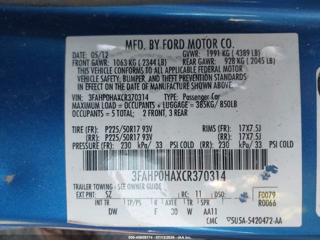 45609174 :رقم المزاد ، 3FAHP0HAXCR370314 vin ، 2012 Ford Fusion Se مزاد بيع