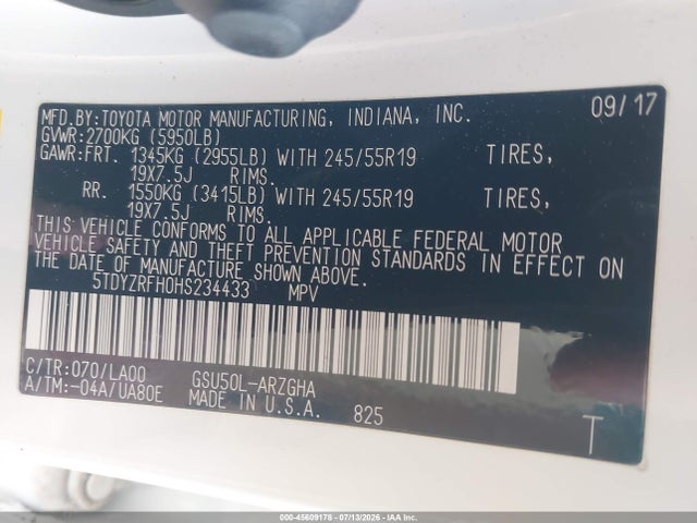 45609178 :رقم المزاد ، 5TDYZRFH0HS234433 vin ، 2017 Toyota Highlander Limited Platinum مزاد بيع