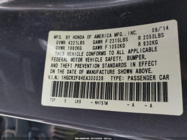 45609195 :رقم المزاد ، 1HGCR2F84EA300039 vin ، 2014 Honda Accord Ex-l مزاد بيع