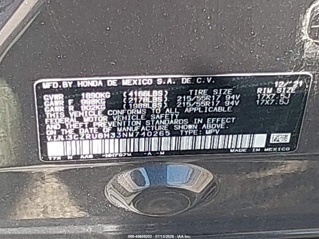 Aukcja sprzedaży 2022 Honda Hr-v Awd Lx, vin: 3CZRU6H33NM740265, numer aukcji: 45609202