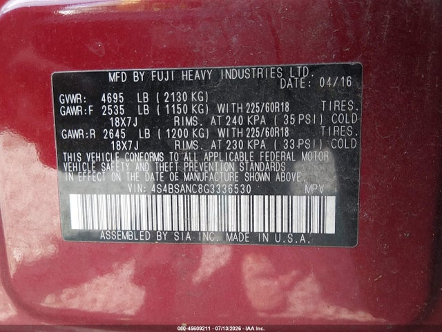 4S4BSANC8G3336530 Subaru Outback 2.5i Limited