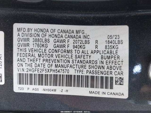 2HGFE2F5XPH547570 Honda Civic Sport