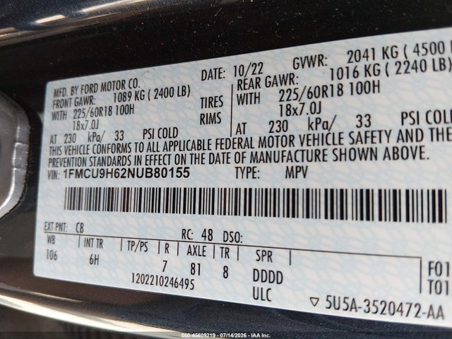 Ford ESCAPE SEL 2022 1FMCU9H62NUB80155 Image 9