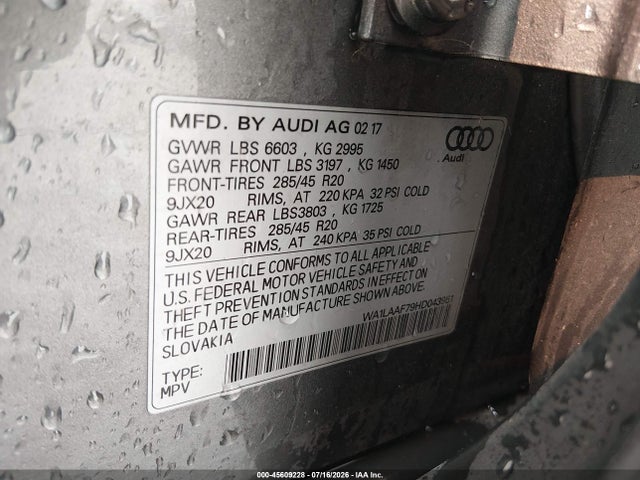 Продажа на аукционе авто 2017 Audi Q7 3.0t Premium, vin: WA1LAAF79HD043951, номер лота: 45609228