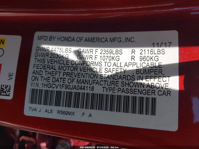 1HGCV1F90JA044118 Honda Accord Touring