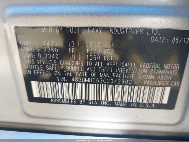 45609240 :رقم المزاد ، 4S3BMBC63C3042903 vin ، 2012 Subaru Legacy 2.5i Premium مزاد بيع