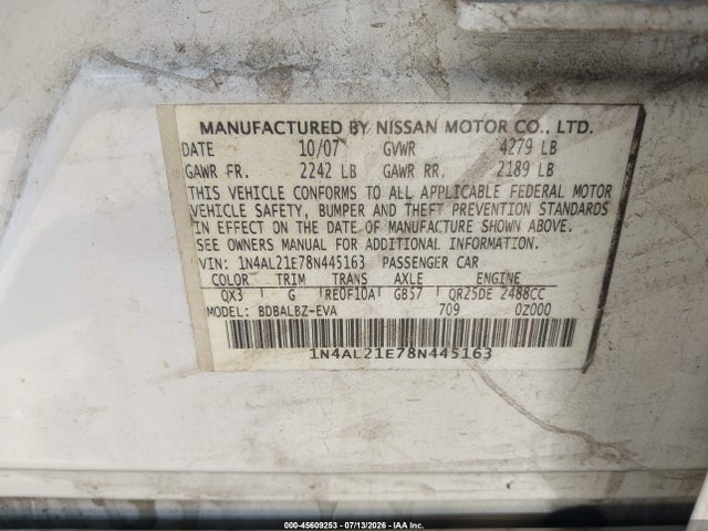 45609253 :رقم المزاد ، 1N4AL21E78N445163 vin ، 2008 Nissan Altima 2.5 S مزاد بيع