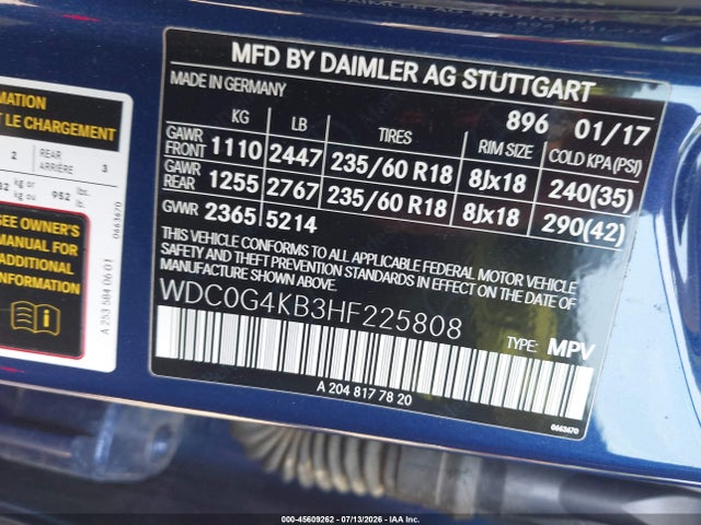 Aukcja sprzedaży 2017 Mercedes-benz Glc 300 4matic, vin: WDC0G4KB3HF225808, numer aukcji: 45609262
