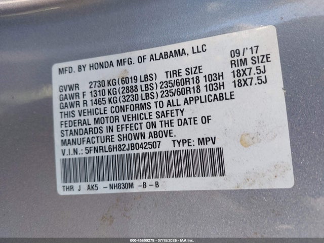 5FNRL6H82JB042507 Honda Odyssey Touring