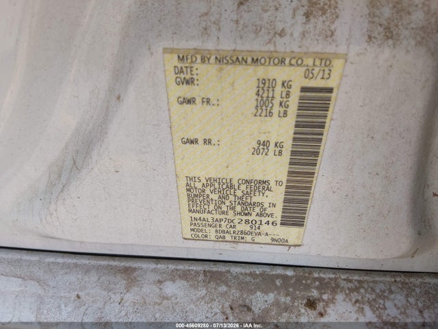 45609280 :رقم المزاد ، 1N4AL3AP7DC280146 vin ، 2013 Nissan Altima 2.5 S مزاد بيع