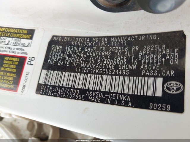 Aukcja sprzedaży 2012 Toyota Camry Le, vin: 4T1BF1FK6CU521495, numer aukcji: 45609302