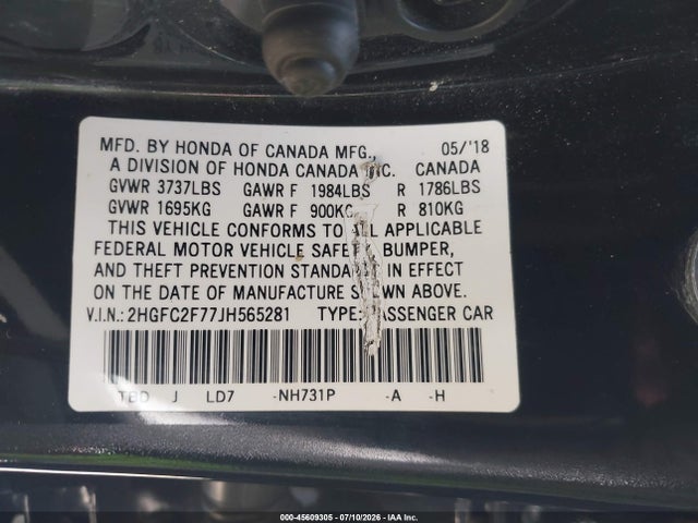 2HGFC2F77JH565281 Honda CIVIC EX