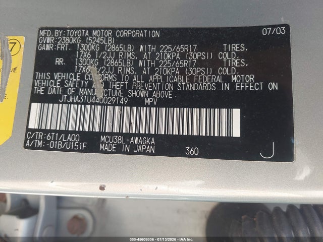 45609306 :رقم المزاد ، JTJHA31U440029149 vin ، 2004 Lexus Rx 330 مزاد بيع