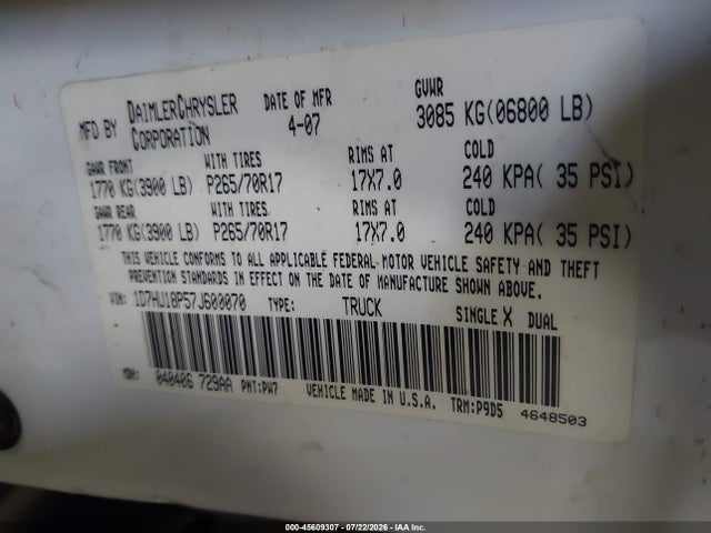 Aukcja sprzedaży 2007 Dodge Ram 1500 St, vin: 1D7HU18P57J600070, numer aukcji: 45609307