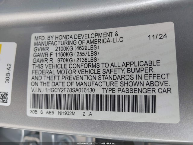 45609312 :رقم المزاد ، 1HGCY2F78SA016130 vin ، 2025 Honda Accord Hybrid Sport-l مزاد بيع