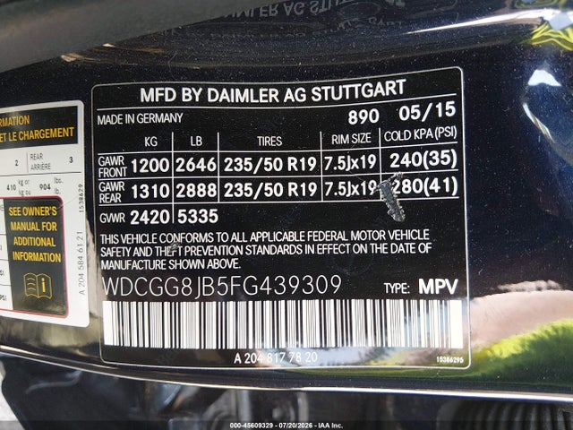 45609329 :رقم المزاد ، WDCGG8JB5FG439309 vin ، 2015 Mercedes-benz Glk 350 4matic مزاد بيع